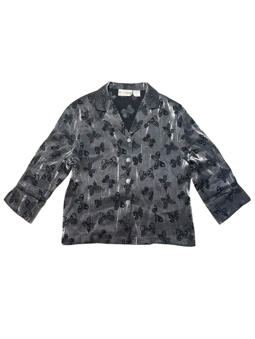 Vintage Y2K Le Caviar Gray Metallic Butterfly Button Up Blouse, Medium